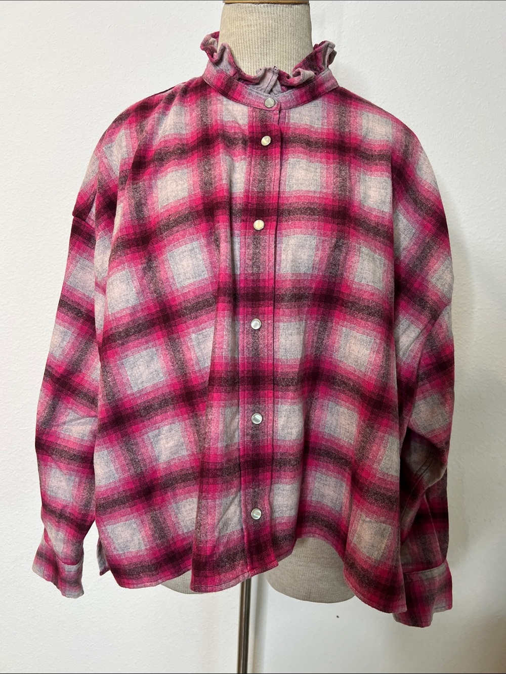 Isabel Marant Etoile Rilaria Plaid Snap-Front Wool Blend Shirt w/Ruffle Collar